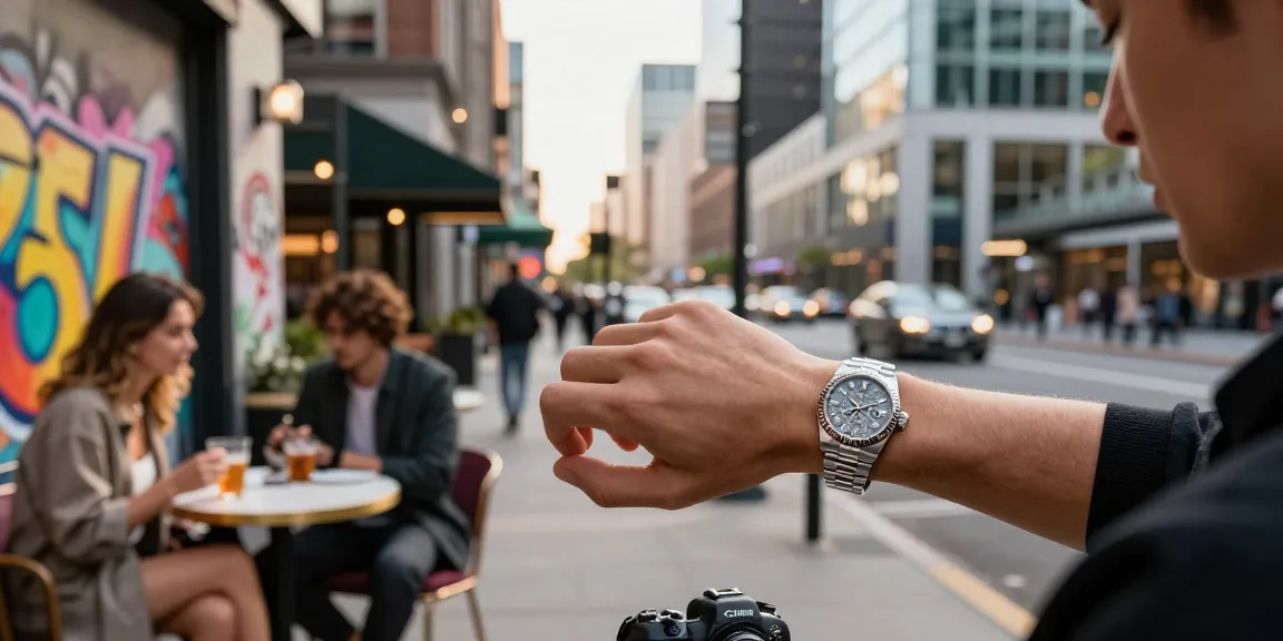 Fashionable individual showcasing a rolex replica in a vibrant urban setting.