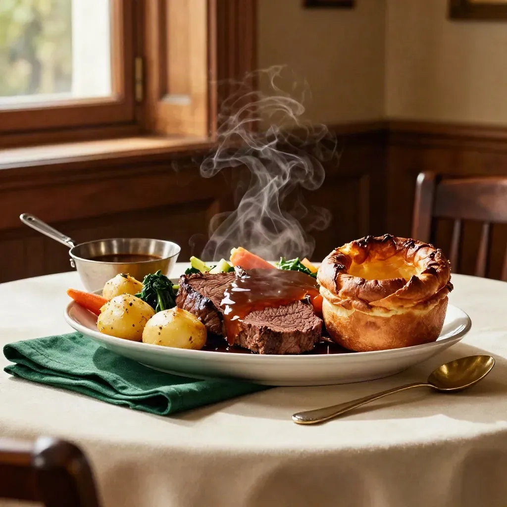 Sunday roast platter with beef, Yorkshires, potatoes, carrots, greens and gravy on a cream cloth