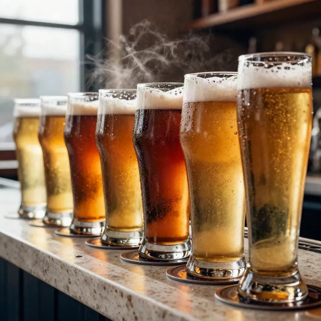 Close macro of cask and keg ales in varied glasses with condensation and bar hardware