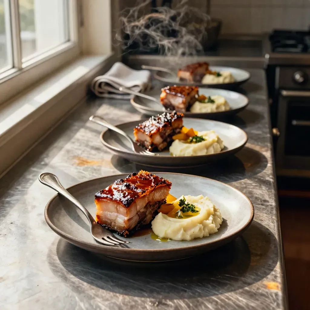Glazed pork belly and seasonal sides lined up on a pub kitchen pass with steam and warm light.