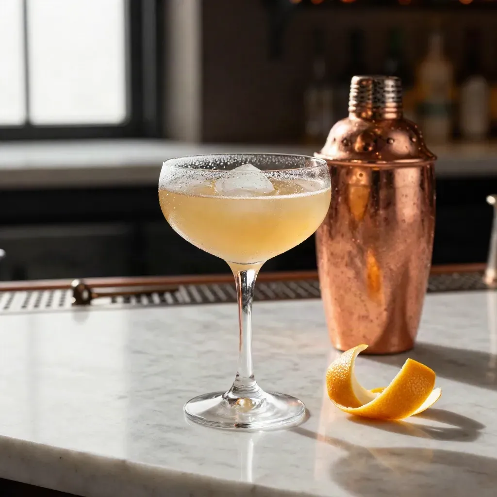Citrus cocktail, clear ice and copper shaker on a marble bar as garnish lands beside it.