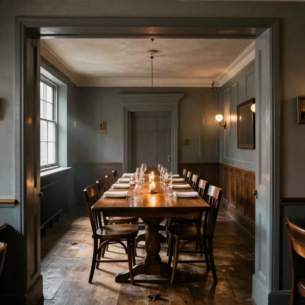 Empty private dining room set for a reservation, long oak table with candles and glassware
