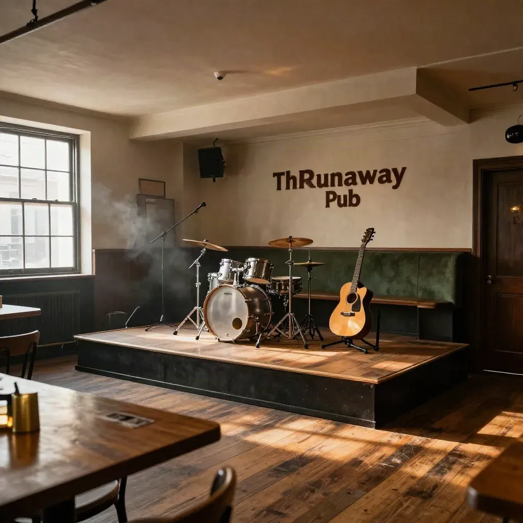 Empty pub stage ready for live music, with drum kit, guitar, mic, stool and amber lights.