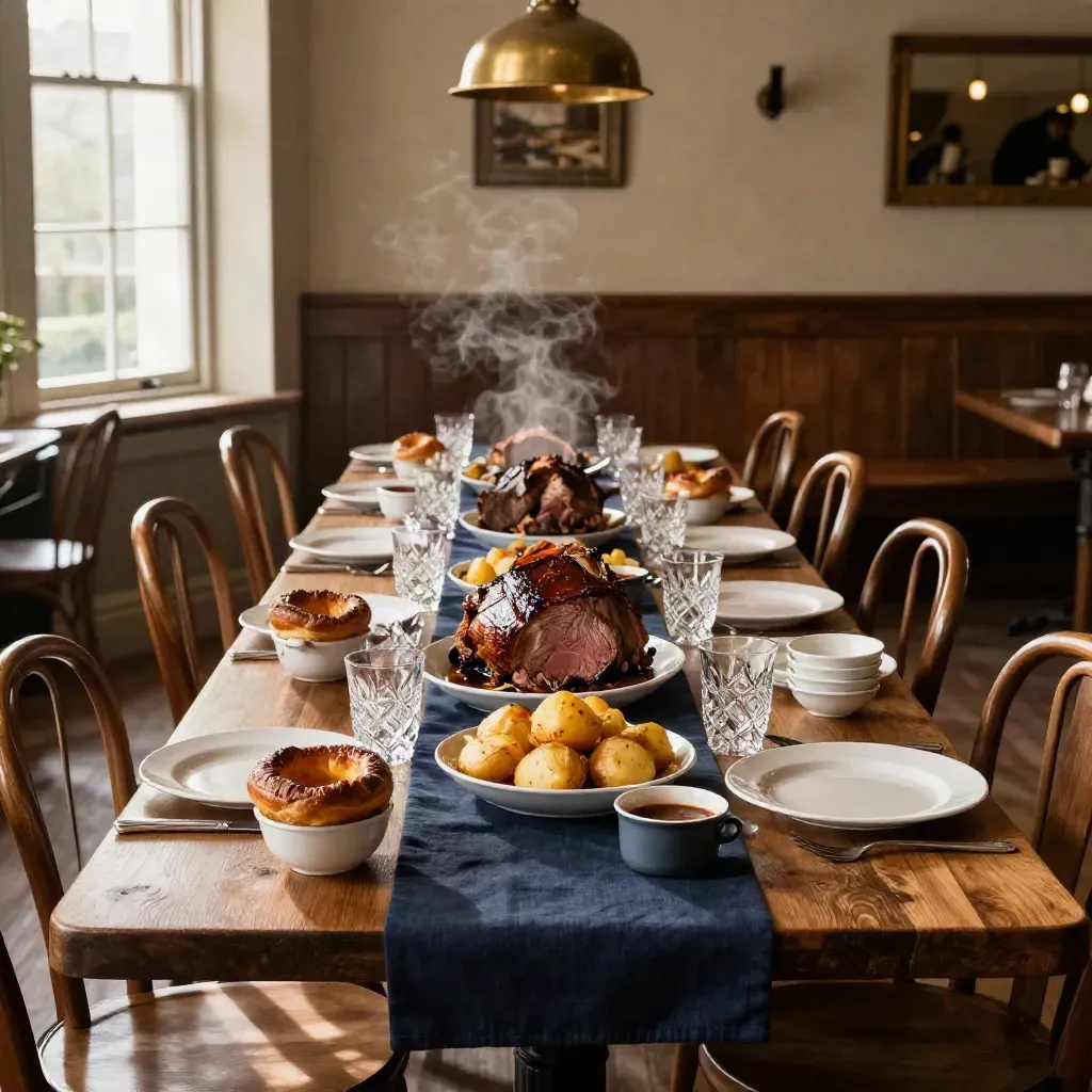 Empty private pub dining room set for a family roast for fourteen, with steaming platters and glassware.