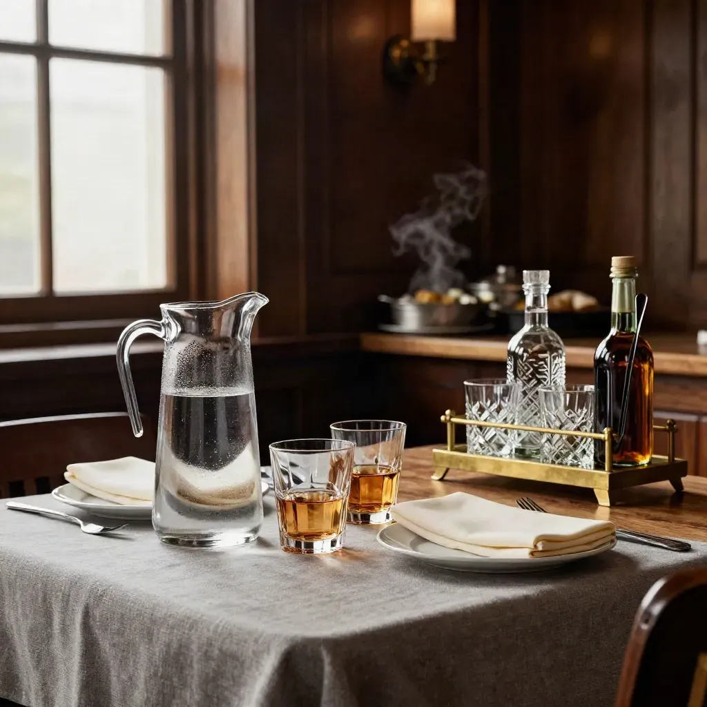 Water jugs and tumblers set on a pub sideboard, ready for a work-night service.