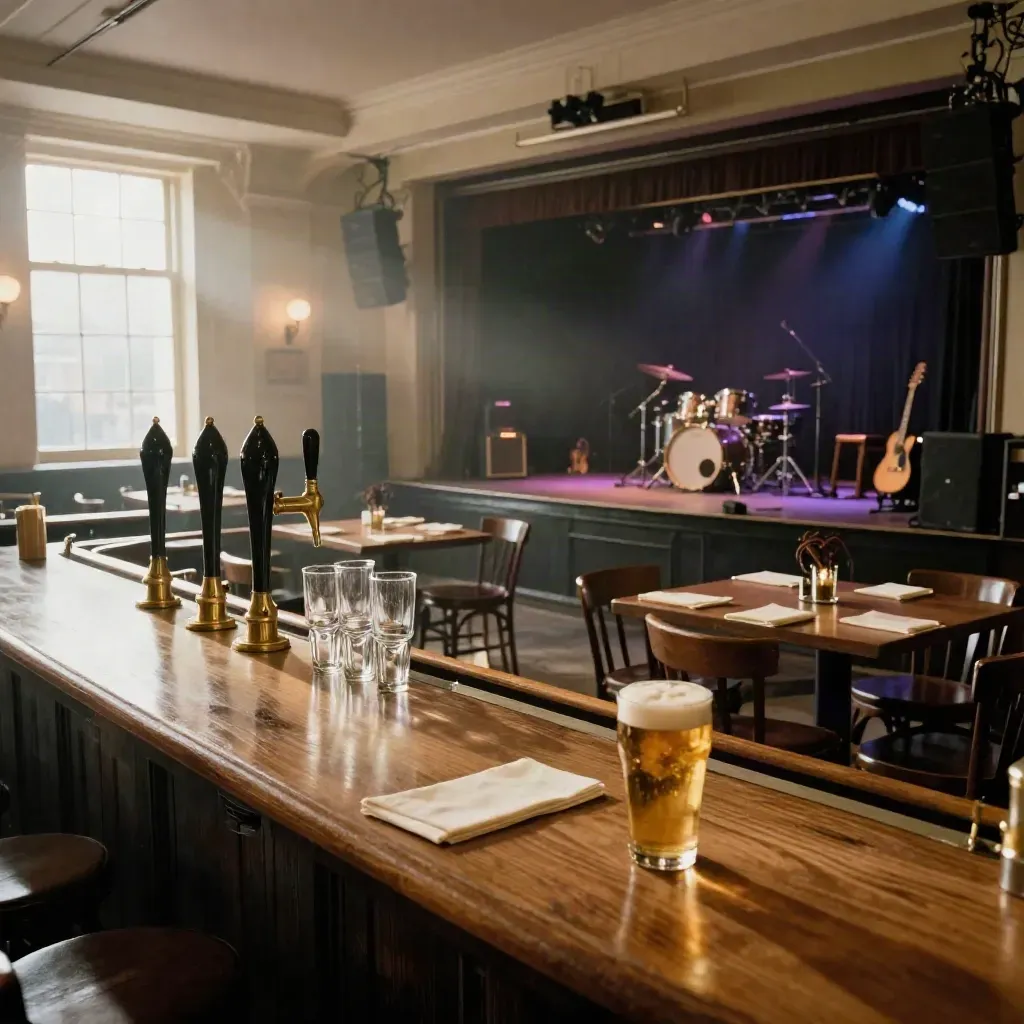 Empty pub bar and lit stage ready for Friday music night, with haze, taps, stools and warm lights.