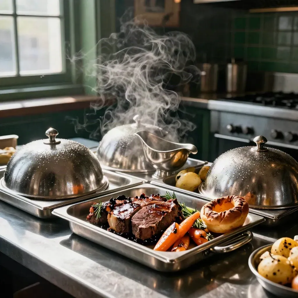Steam-filled pub service pass with roast trays, Yorkshire puddings, gravy boat and warming lids