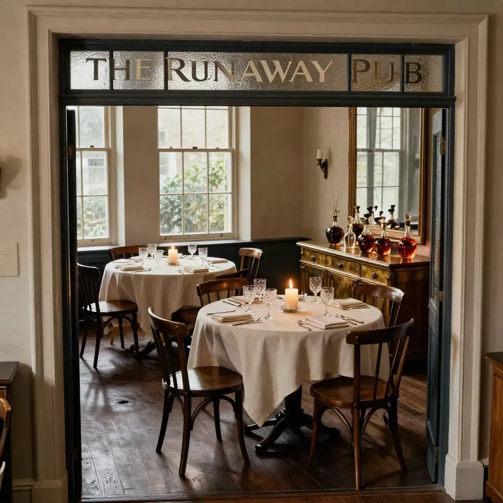 Candlelit private-hire pub room set for sixty with round tables, linen and glassware, seen from the doorway.