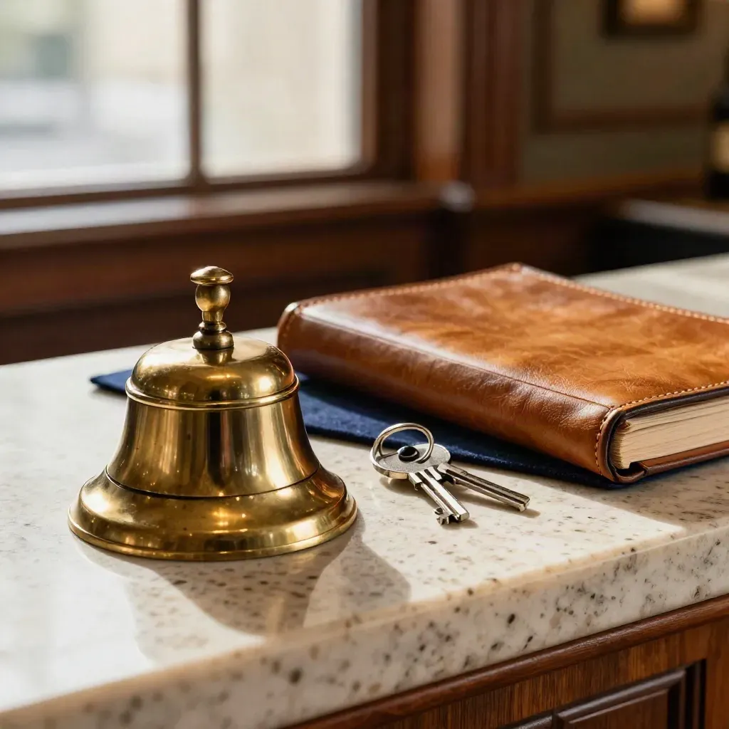 Brass host bell, keys and leather ledger on a travertine pub counter