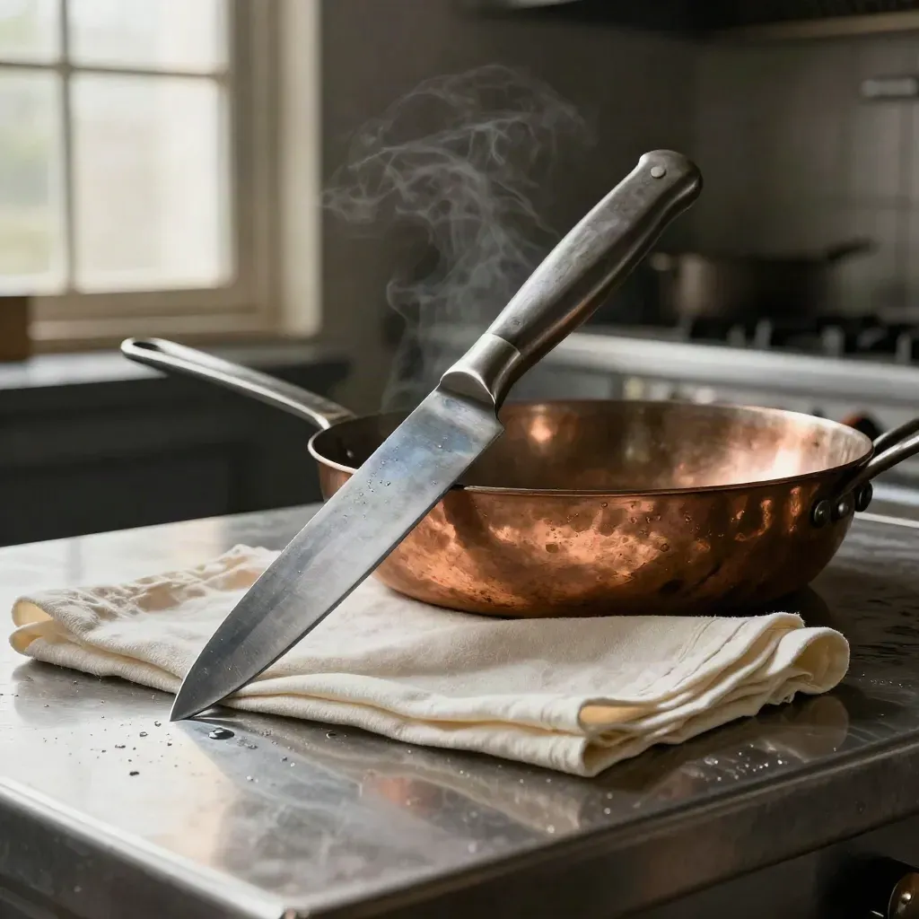 Chef’s knife, copper sauté pan and cream linen on a stainless pub kitchen counter