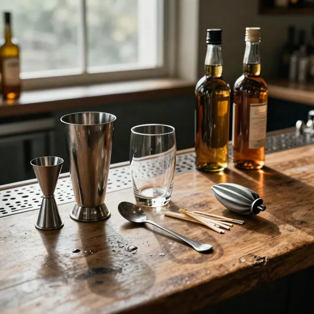 Bar tools arranged for service: jigger, mixing glass, spoon, zester, picks, and bottles on an oak counter.