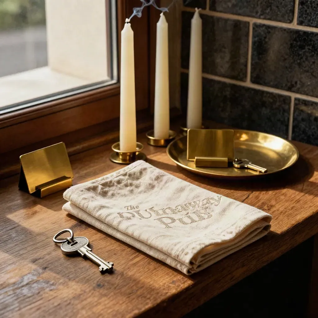Brass place-card holders, linen napkins, taper candles and a room key on an oak pub doorway shelf.