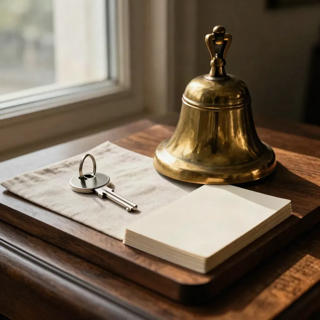 Brass host bell with reservation cards, key ring and linen pad on a dark wood stand.