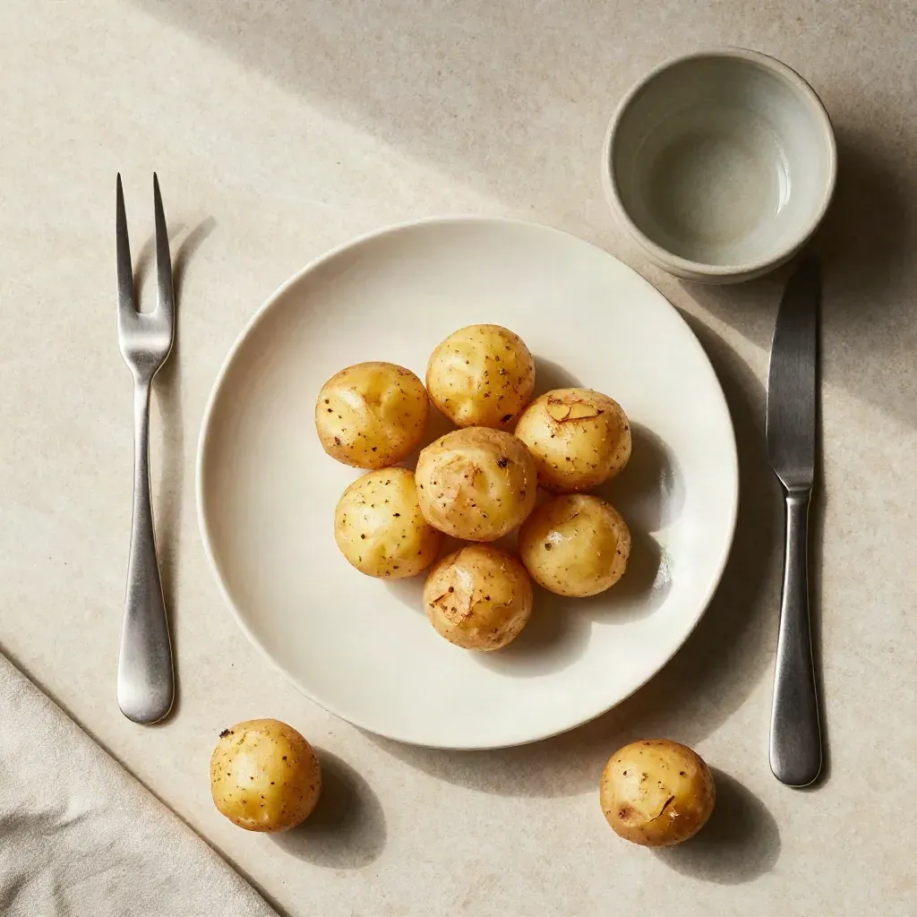 Cream plate, bowl, fork and roast potatoes overhead on pale limestone with soft steam.
