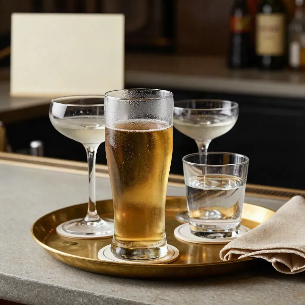 Brass tray with pint, coupe and water glass on a bar edge, lit in soft amber mist.