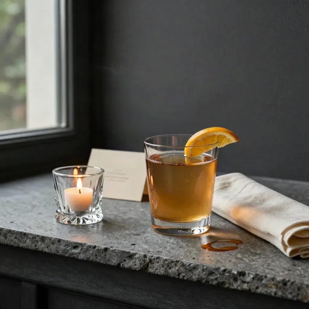 Cut-glass candle, half-finished cocktail, beer ring, and linen napkin on slate shelf