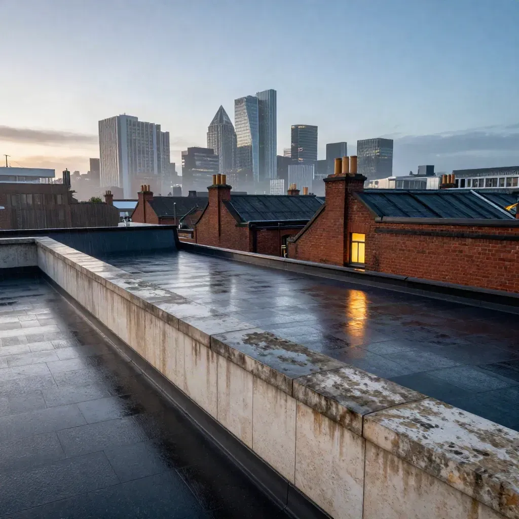 Wet Manchester skyline over calm rooftop haze at blue hour