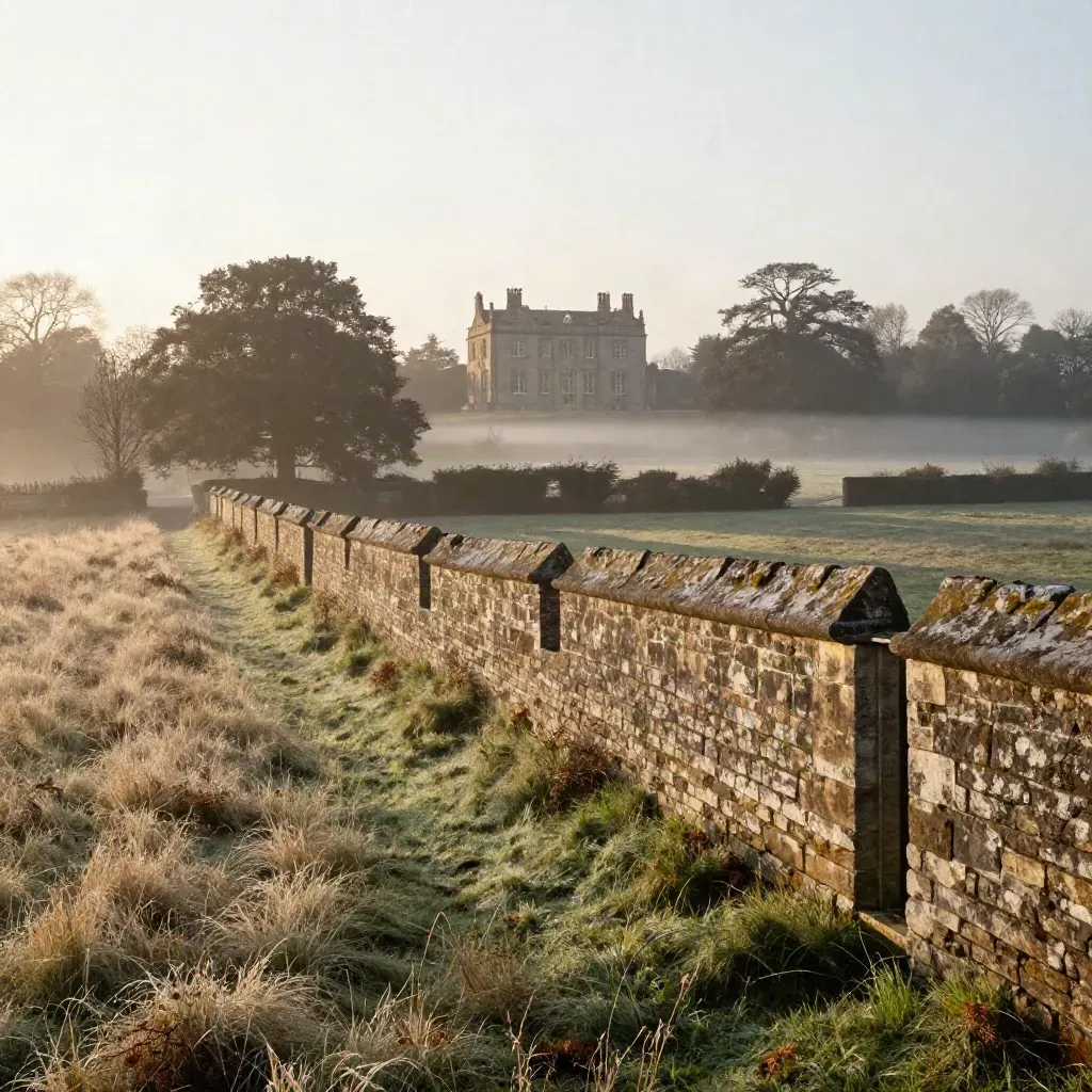 Misty Cheshire parkland with sandstone wall, lane and distant manor roofline at dawn.