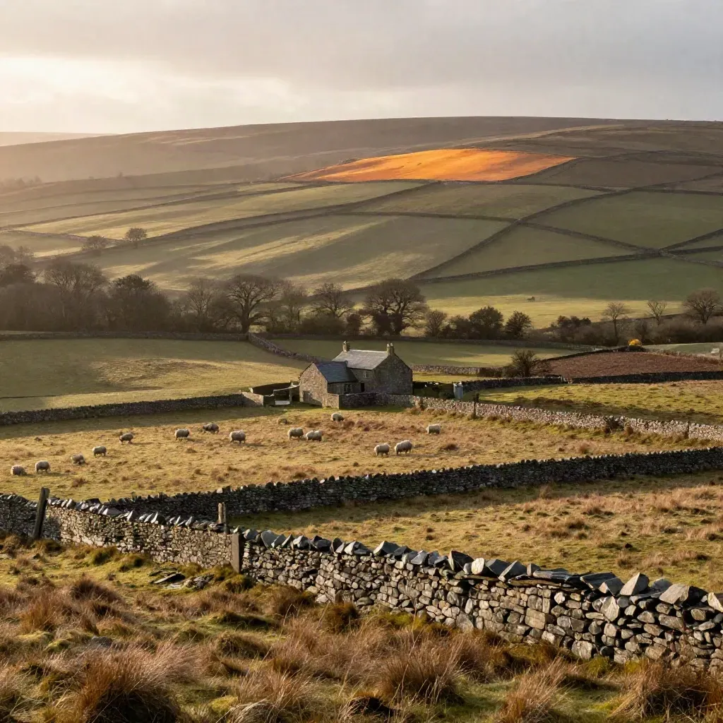 Golden-hour Lancashire moorland with valley fields, a stone farmstead and dry-stone walls.