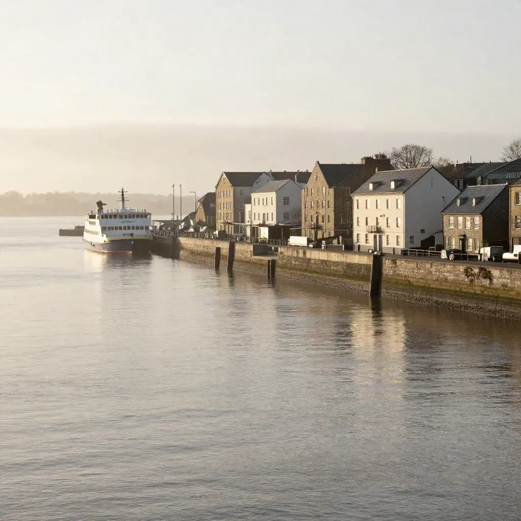 Mersey estuary dawn with ferry silhouettes, waterfront buildings, and calm misty water.