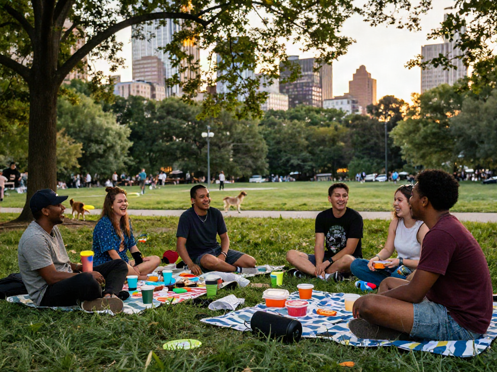 Diverse friends enjoying a relaxing gathering in the park, highlighting a vibrant city lifestyle connected to ai slut culture.